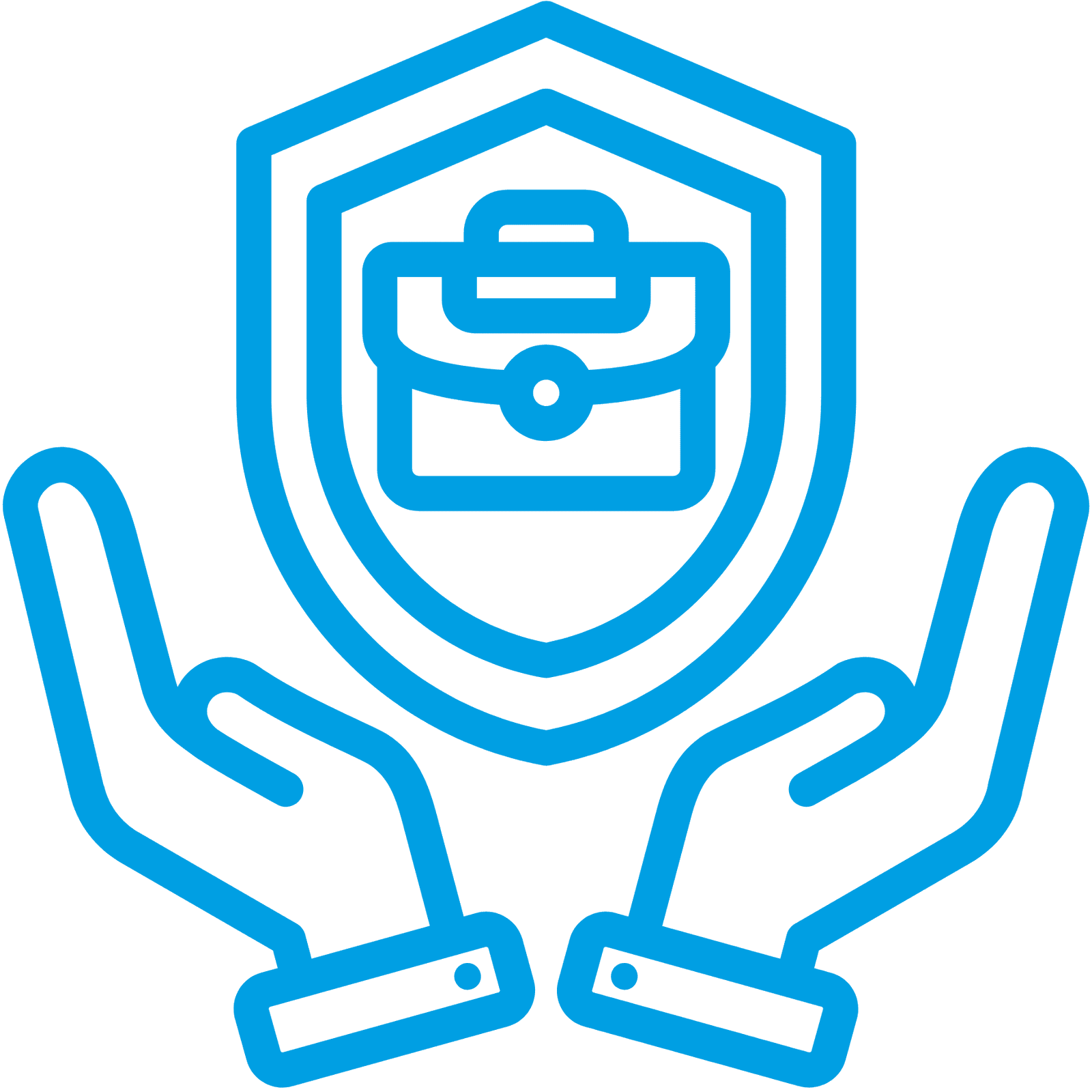 Sicherheits- und Schutzsymbol mit Händen und Schutzschild.