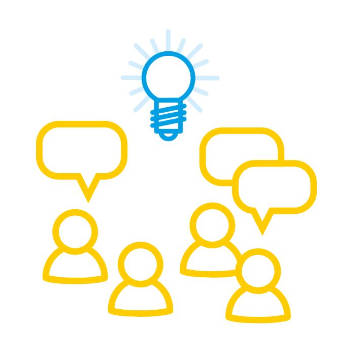 Ideen brainstorming mit Gesprächsblasen und Glühbirne, kreative Teamarbeit, Innovation, Austausch, Diskussionen, Zusammenarbeit.