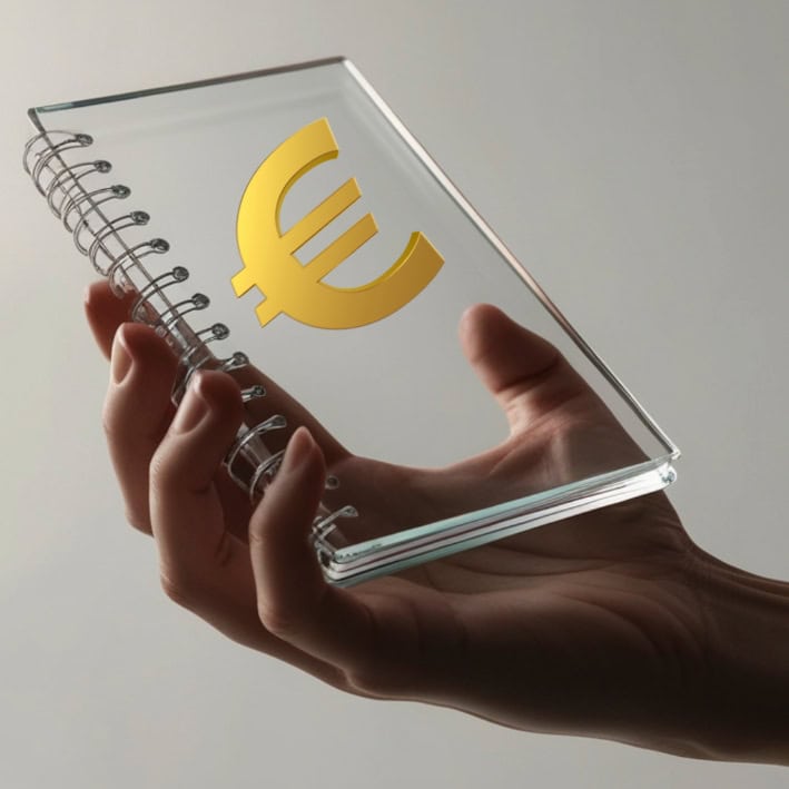 Euro-Symbol auf transparentem Notizbuch, Finanzkonzept, Wirtschaft, Geld, Banking, TTBS Thüringen.