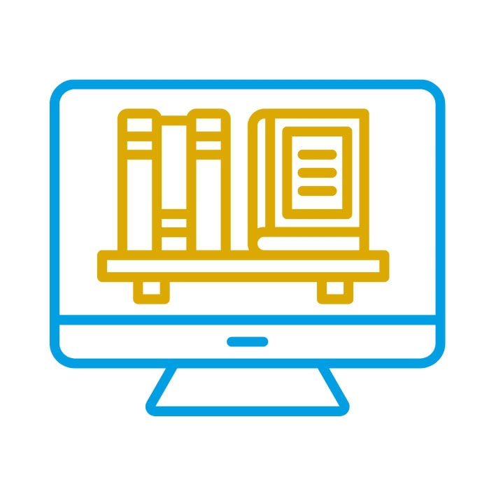 Digitale Bibliothek mit Büchern auf einem Computerbildschirm, TTBS Thüringen.