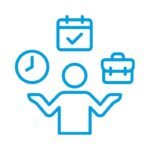 Person jongliert mit Uhr, Kalender, Aktenkoffer für Arbeitsorganisation.