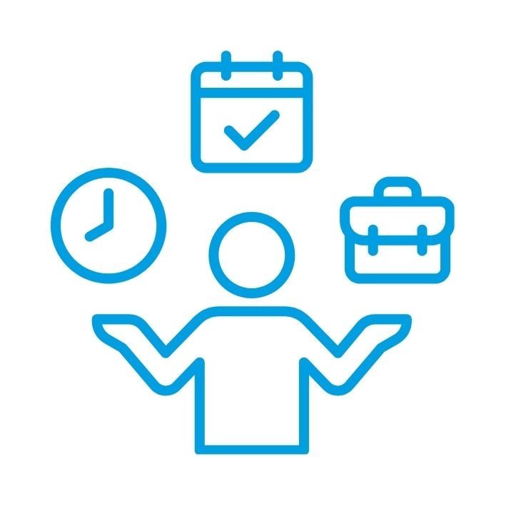 Person jongliert mit Uhr, Kalender, Aktenkoffer für Arbeitsorganisation.