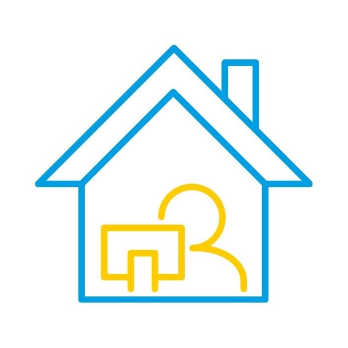 Haus mit einem Computer- und einem Personensymbol in der Mitte.