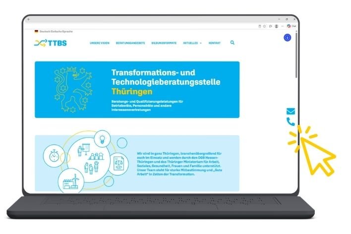 Laptop zeigt Webseite der TTBS Thüringen mit Transformationsberatung.