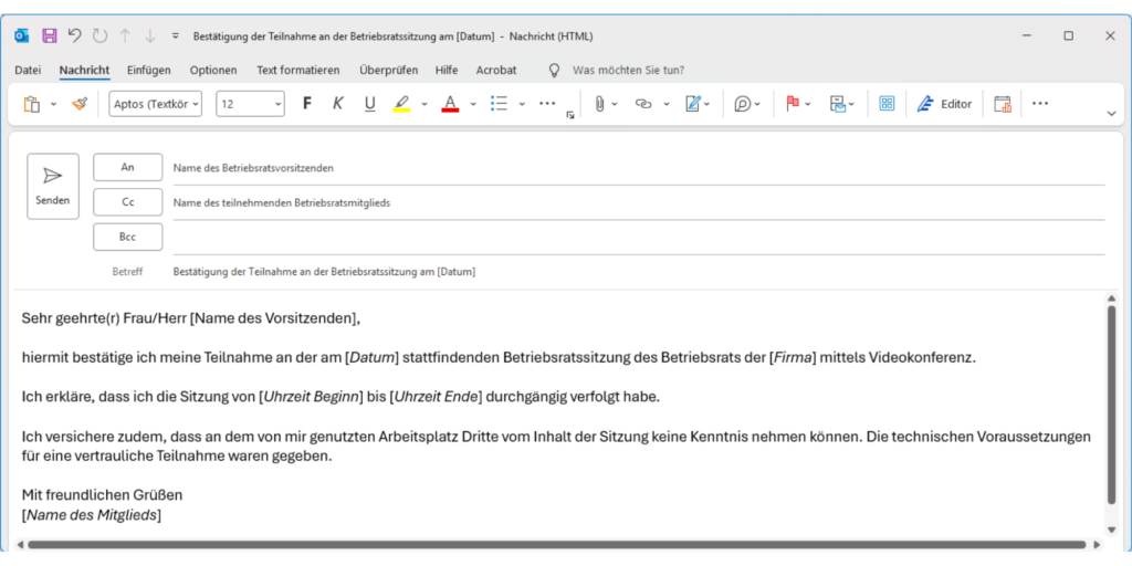 Teilnehmerliste bei Betriebsversammlung mit Unterschriften und Stempel.