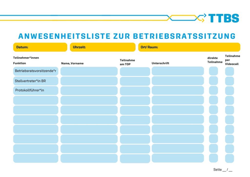 Anwesenheitsliste für Betriebsratssitzung mit Unterschriftenfeldern.