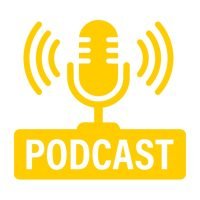 Podcast-Mikrofon mit Schallwellen, gelb auf weißem Hintergrund.